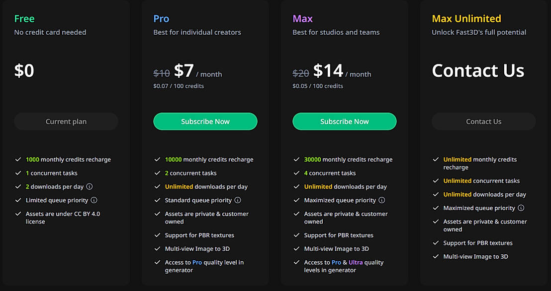 Pricing screenshot