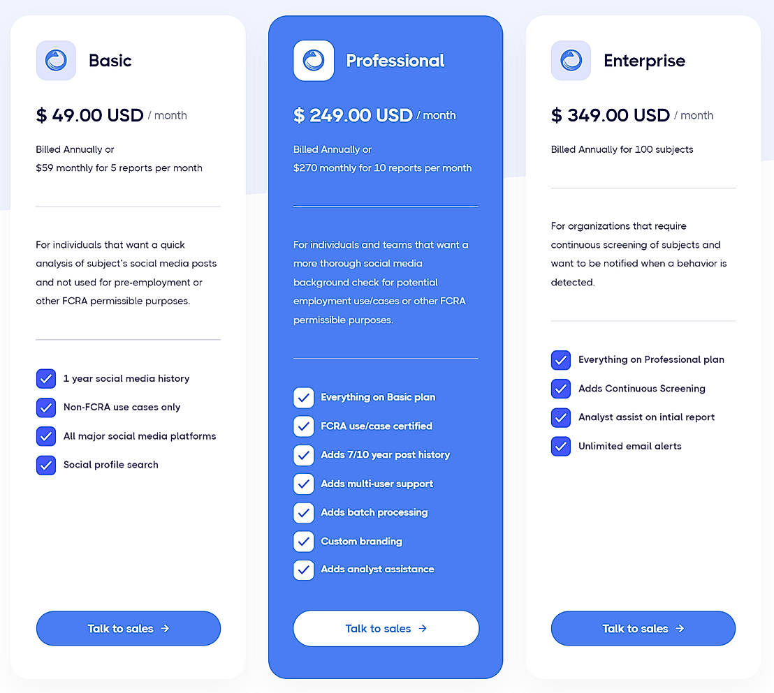 Pricing screenshot
