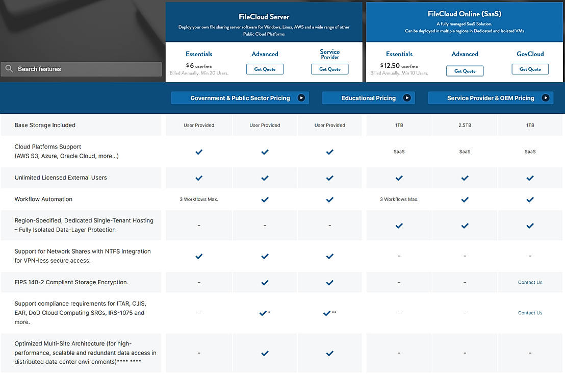 Pricing screenshot