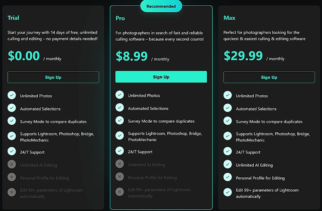 Pricing screenshot