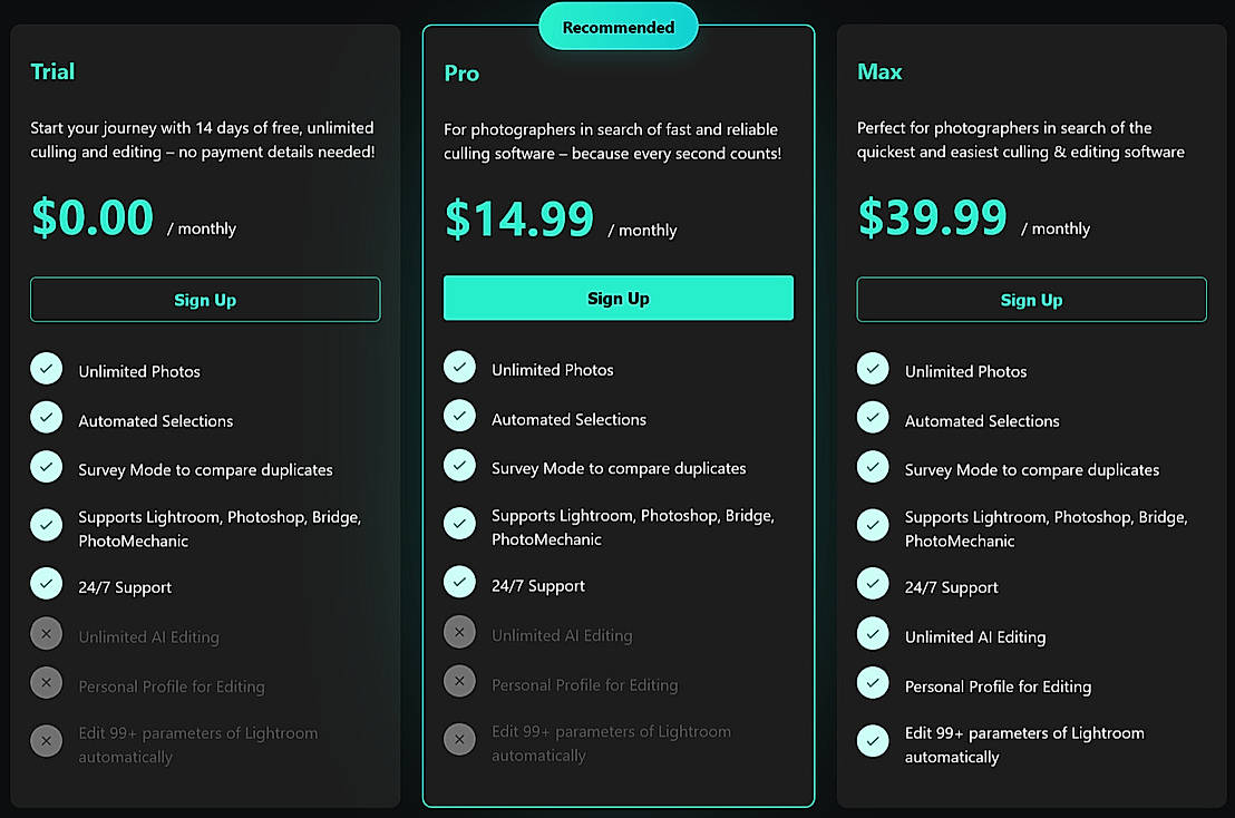 Pricing screenshot