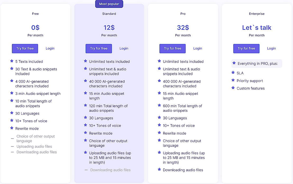Pricing screenshot