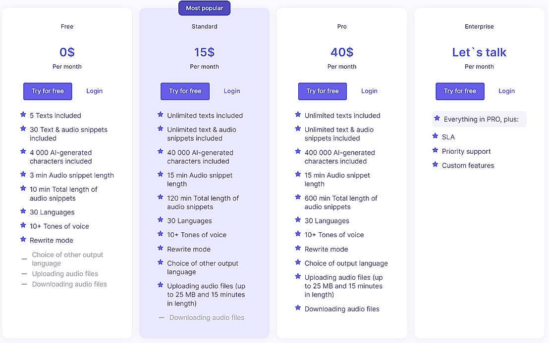 Pricing screenshot