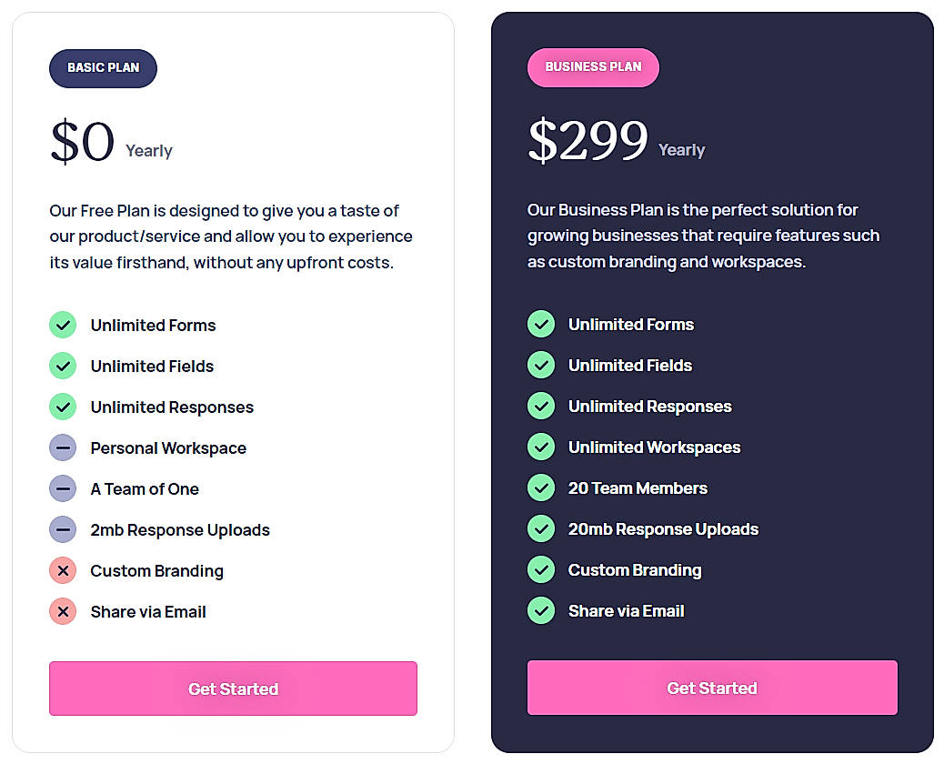 Pricing screenshot