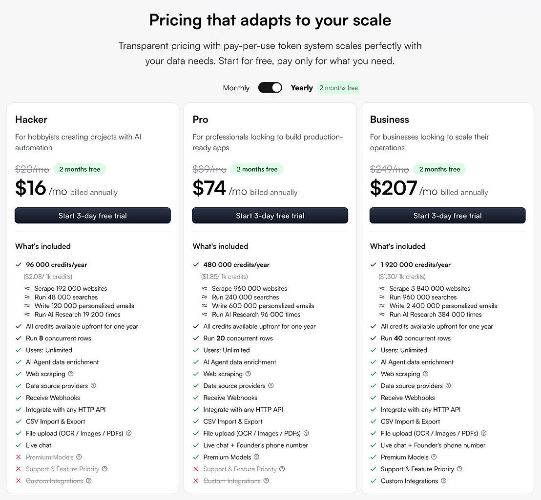 Pricing screenshot