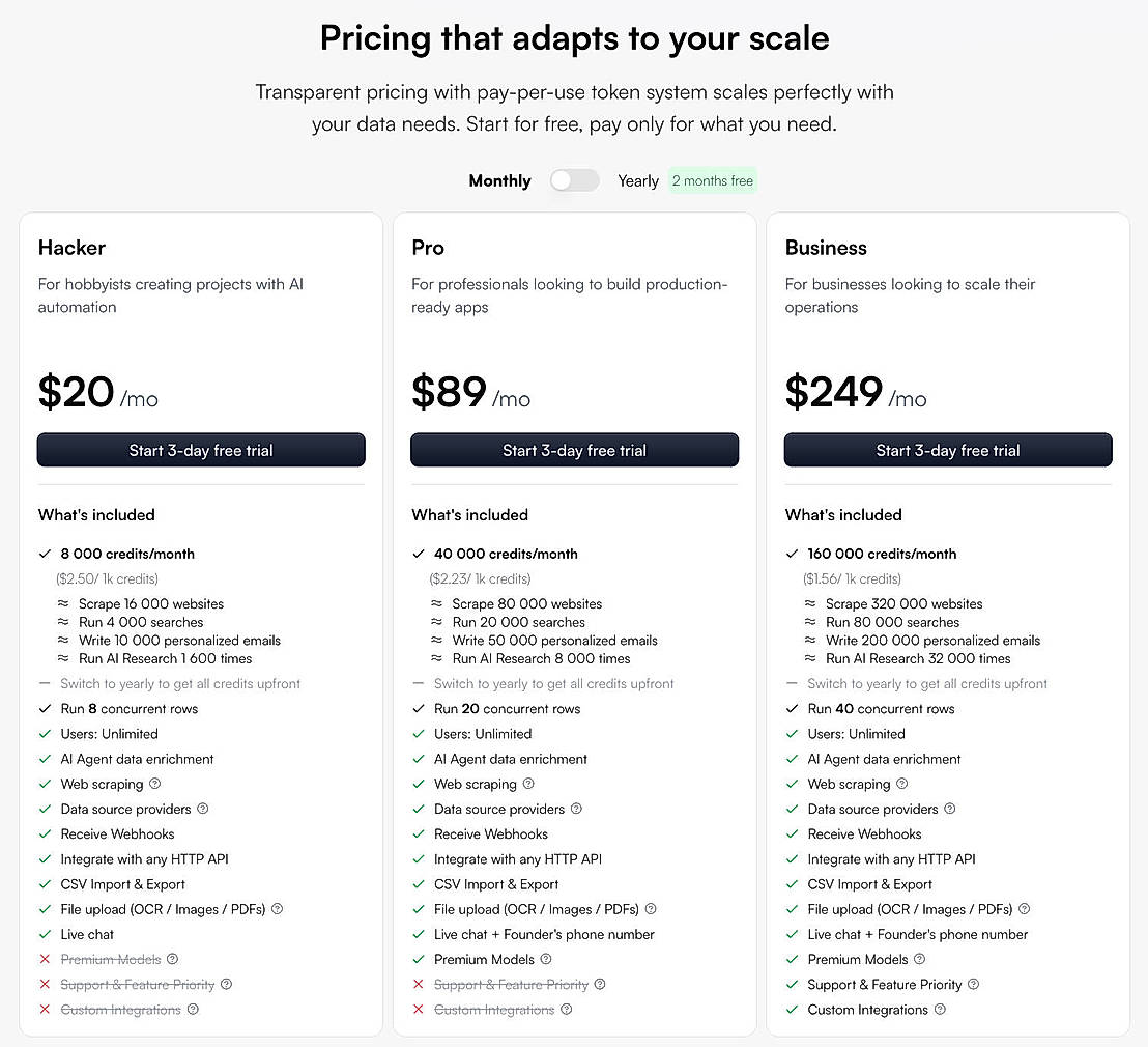 Pricing screenshot