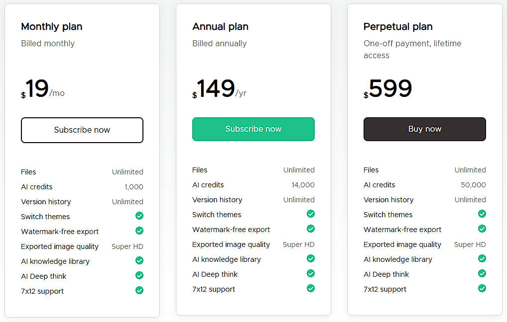 Pricing screenshot