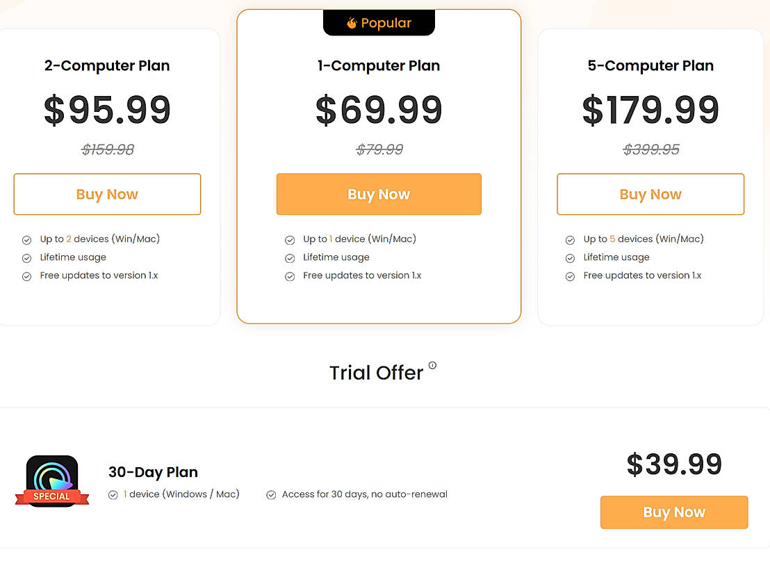 Pricing screenshot