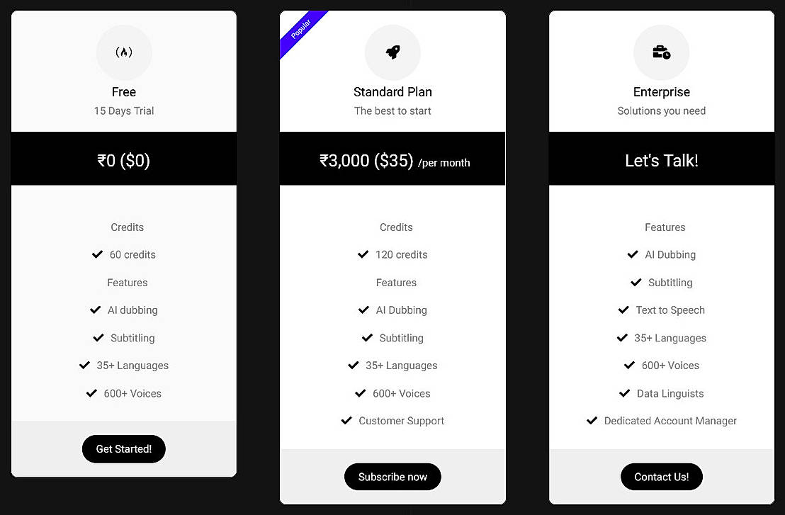 Pricing screenshot