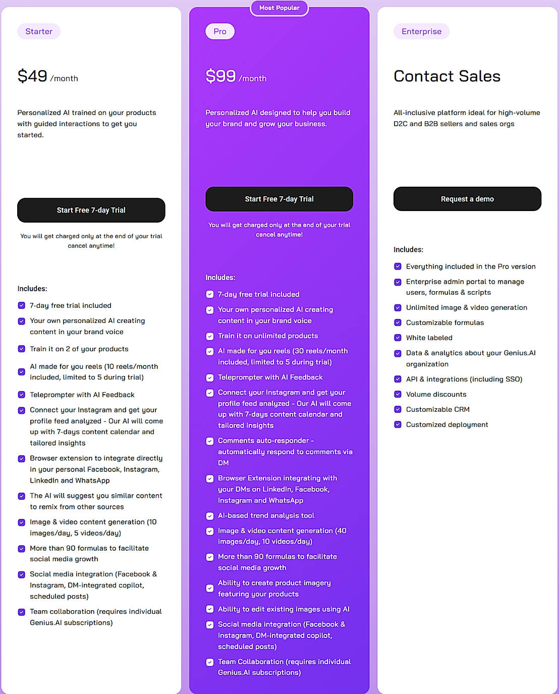 Pricing screenshot