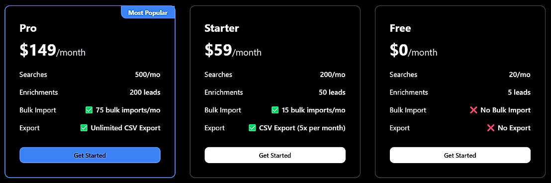 Pricing screenshot