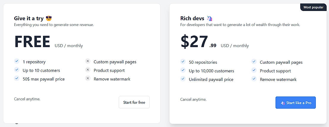 Pricing screenshot