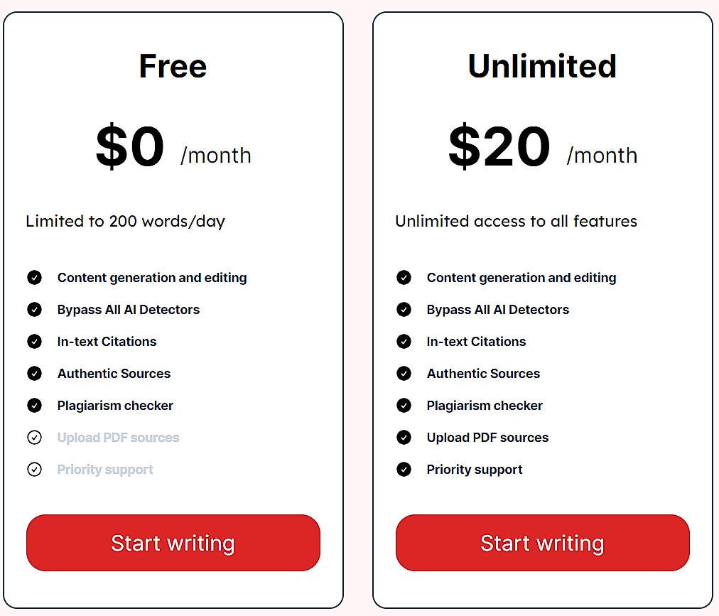 Pricing screenshot