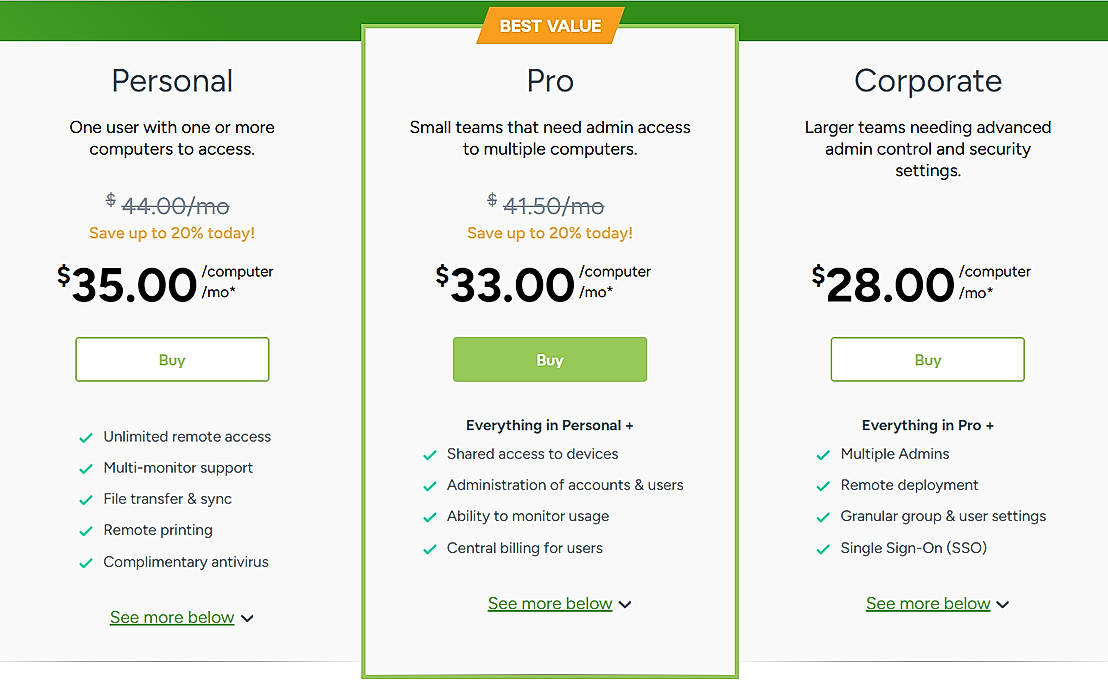 Pricing screenshot