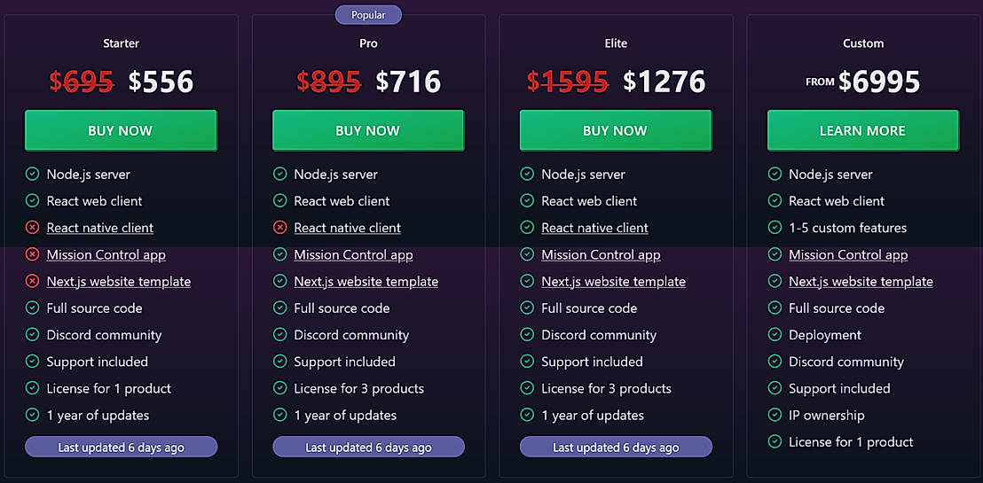 Pricing screenshot