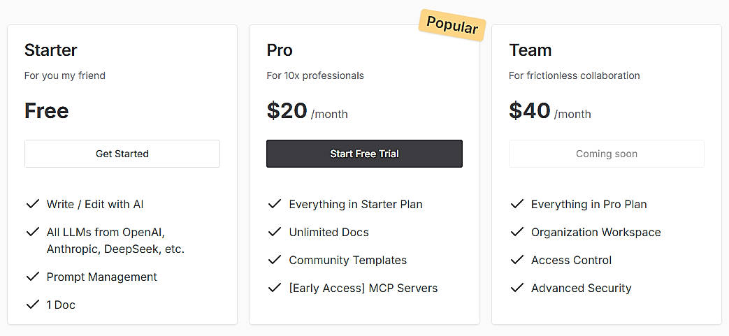 Pricing screenshot