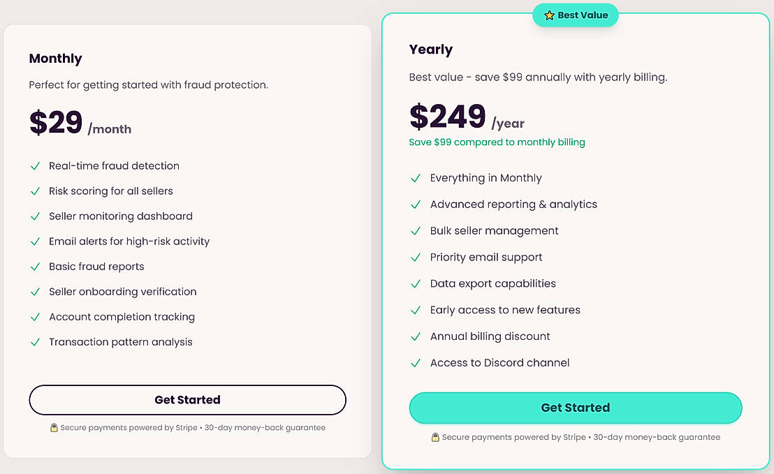 Pricing screenshot