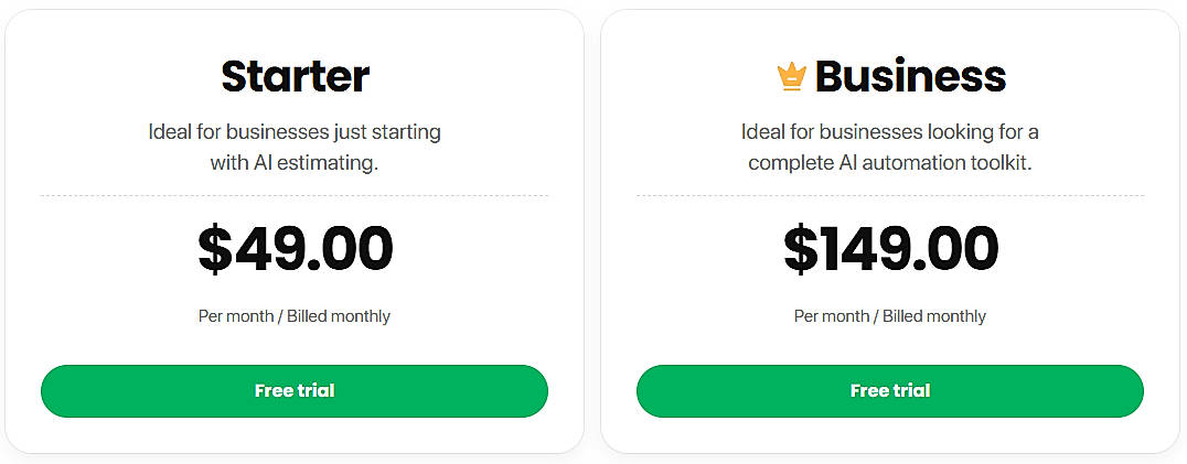 Pricing screenshot