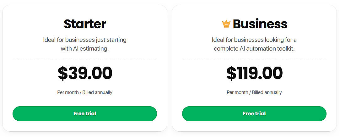 Pricing screenshot