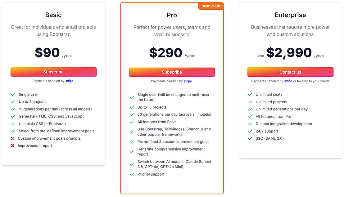 Pricing screenshot