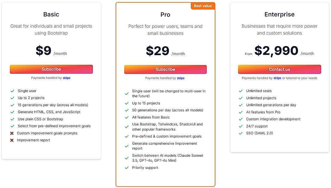 Pricing screenshot