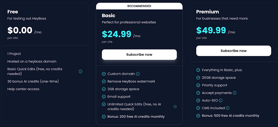 Pricing screenshot