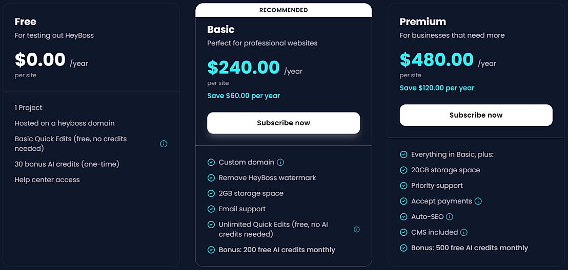 Pricing screenshot