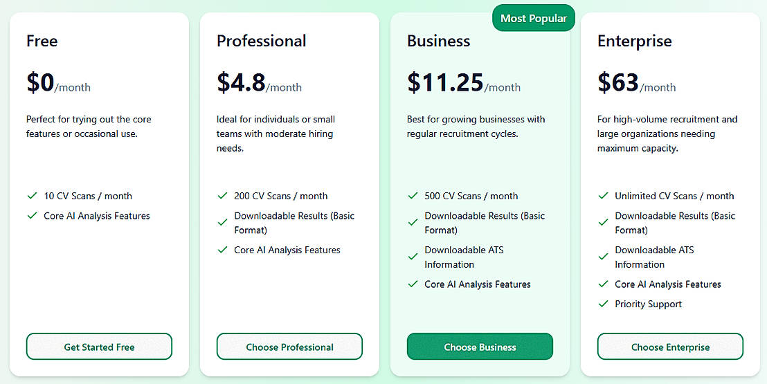 Pricing screenshot