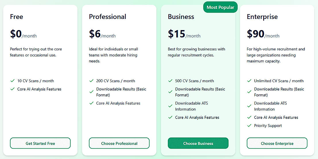 Pricing screenshot