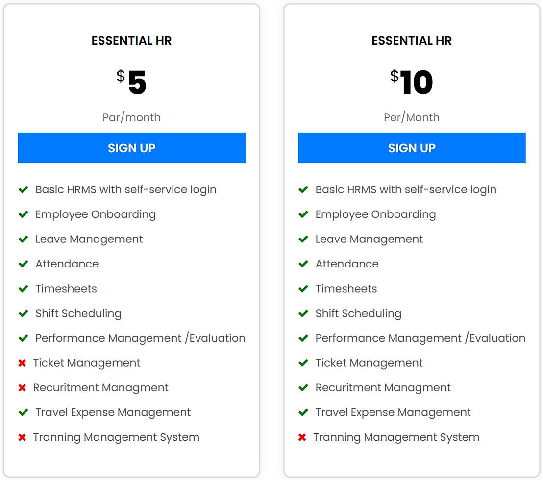 Pricing screenshot