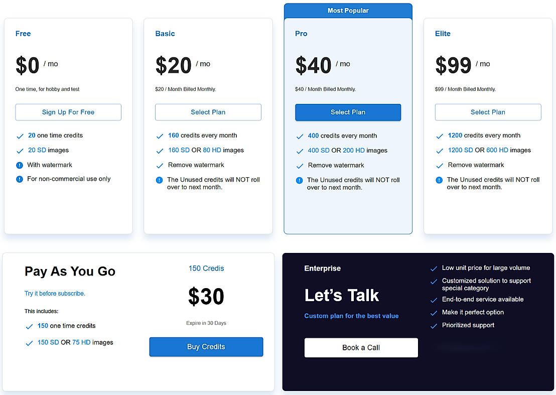 Pricing screenshot