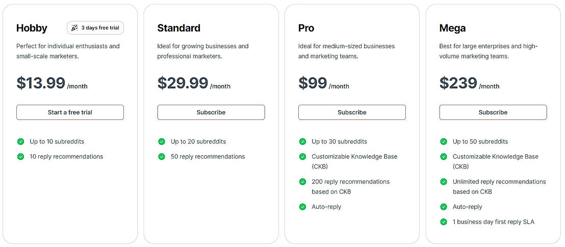 Pricing screenshot