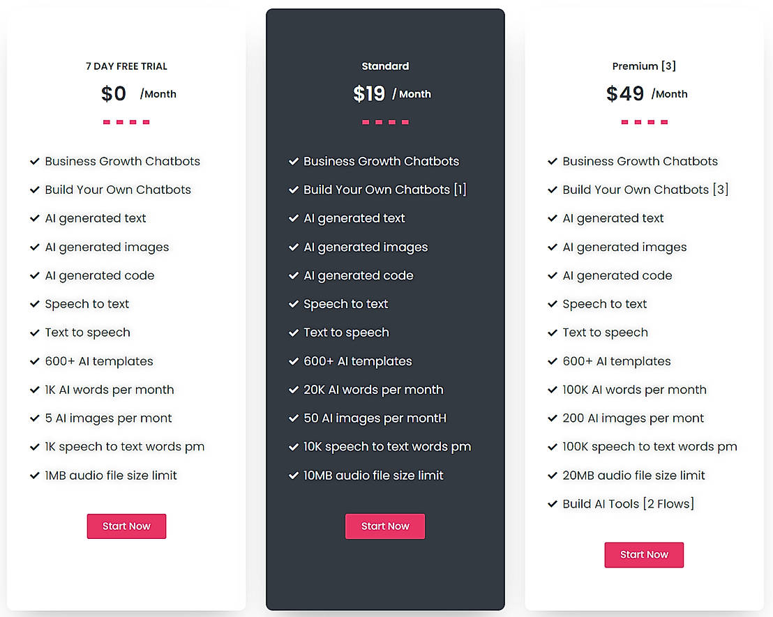 Pricing screenshot