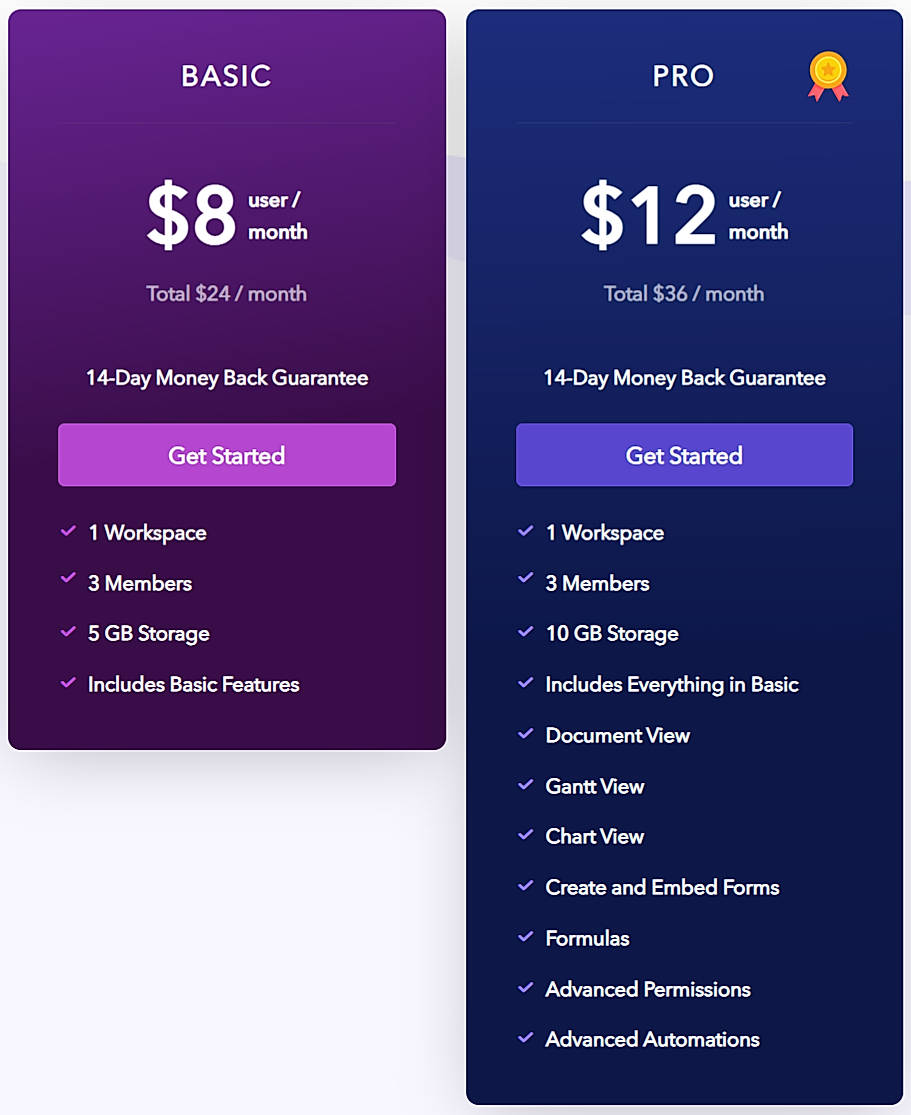 Pricing screenshot