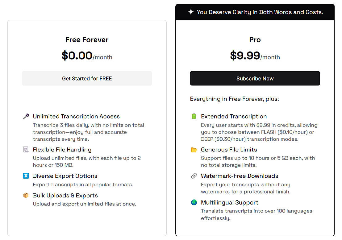 Pricing screenshot