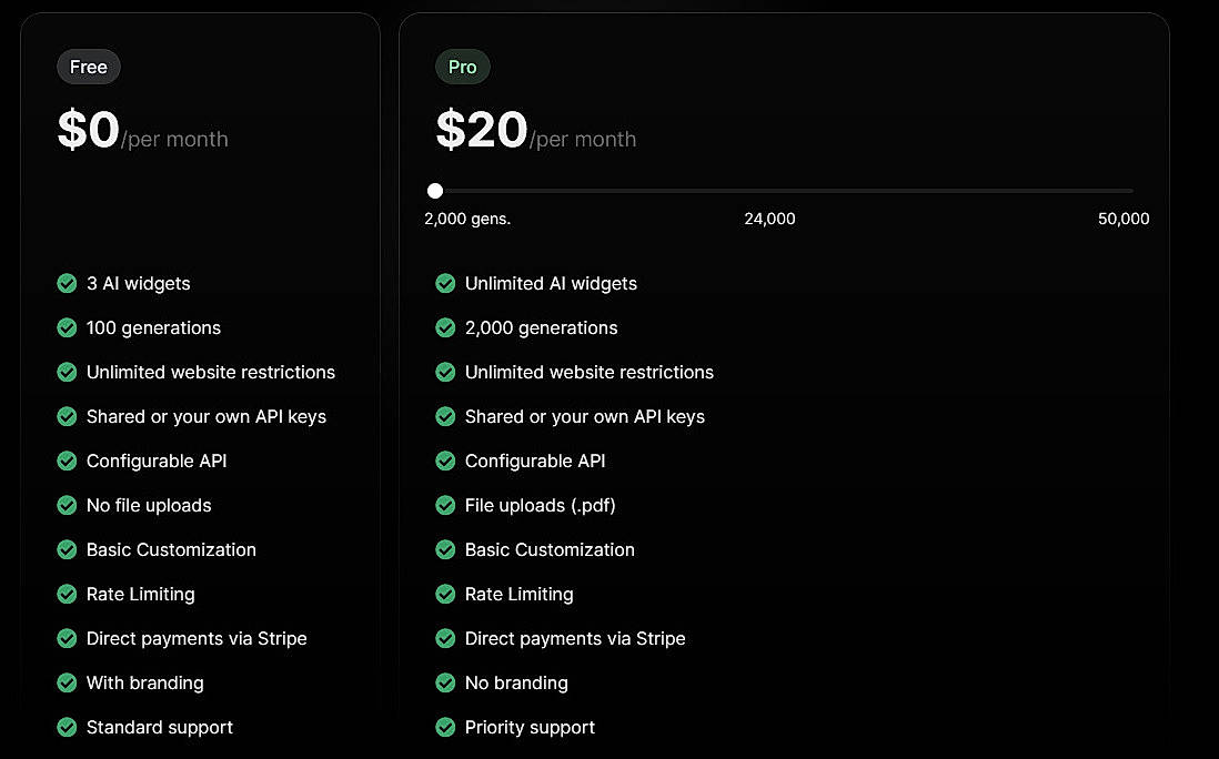 Pricing screenshot