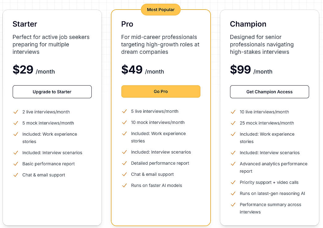 Pricing screenshot