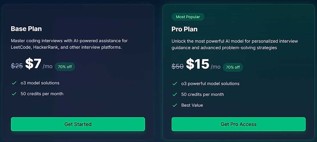Pricing screenshot