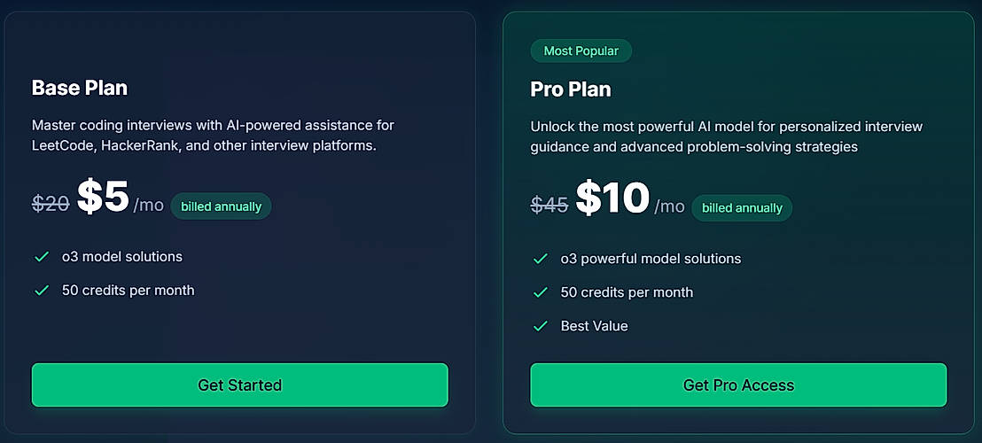 Pricing screenshot