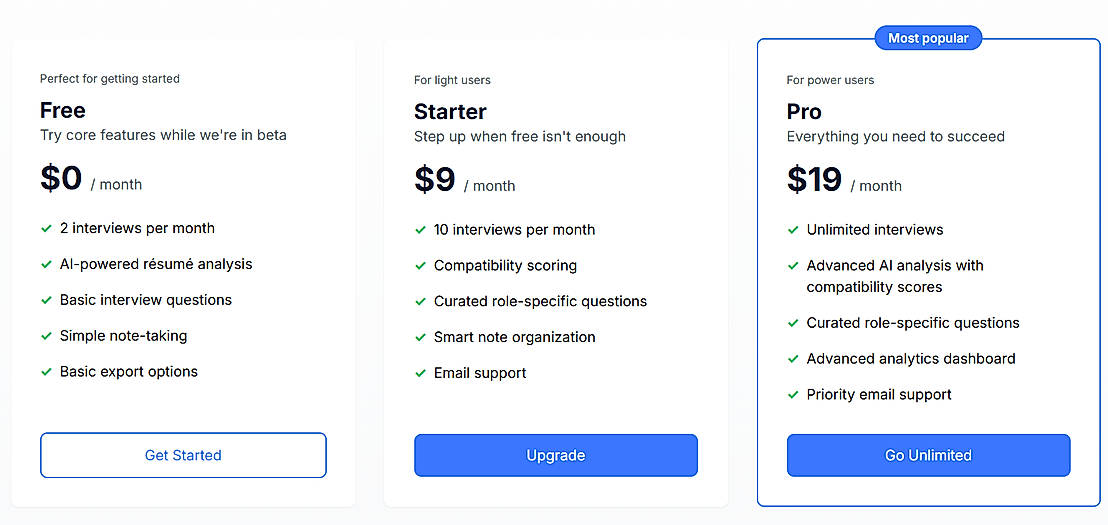 Pricing screenshot