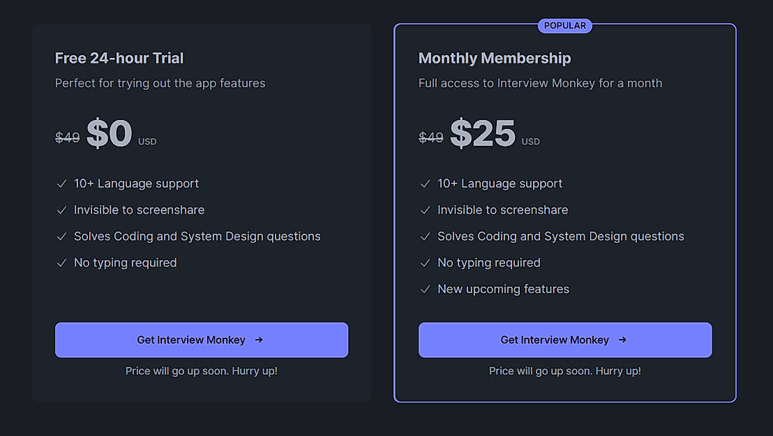 Pricing screenshot