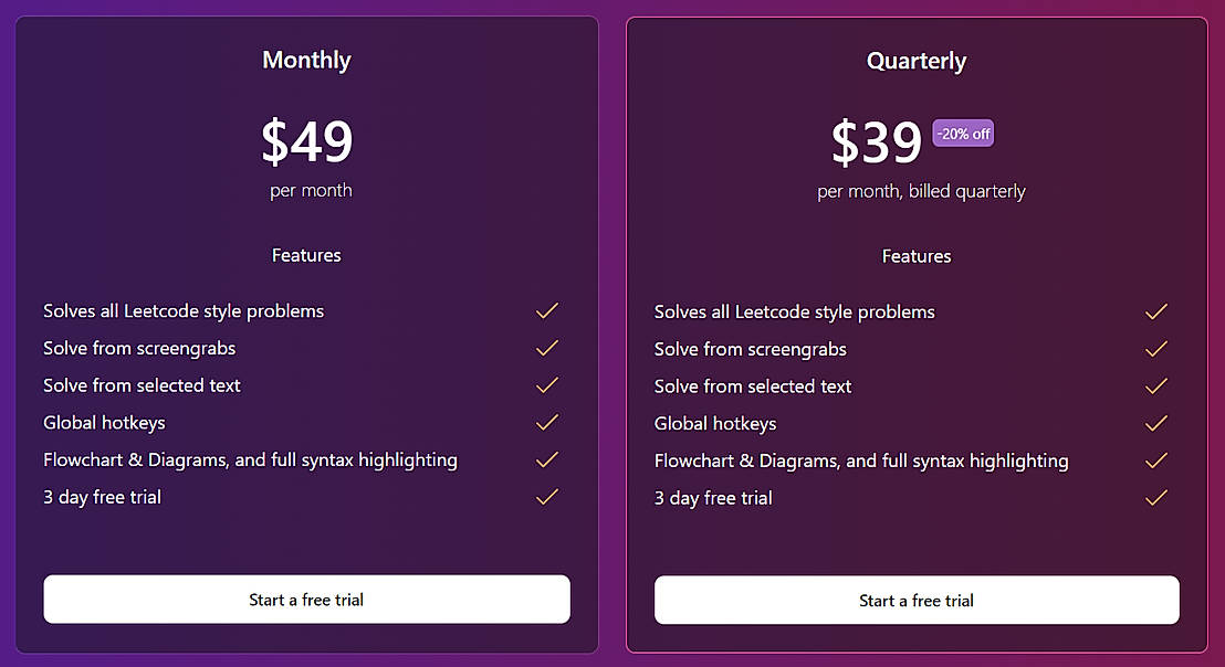 Pricing screenshot