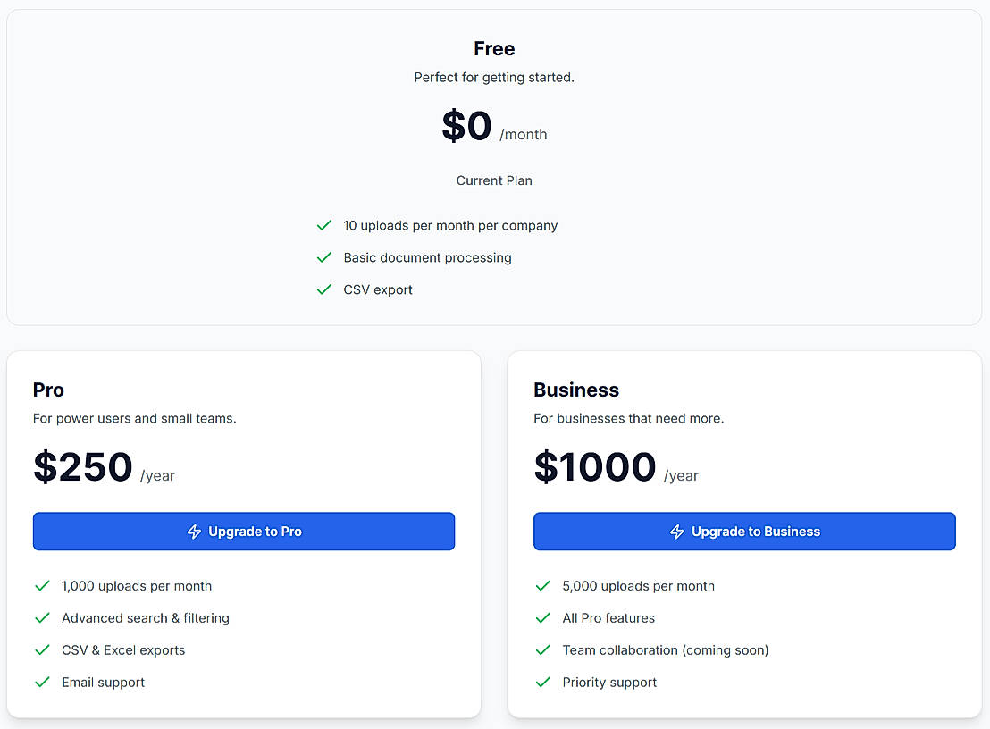 Pricing screenshot