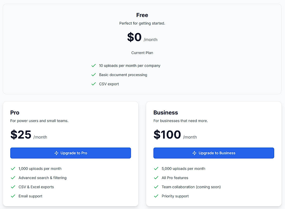 Pricing screenshot