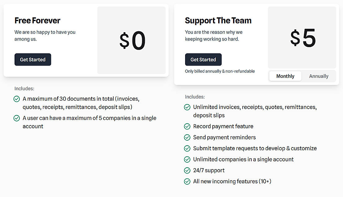 Pricing screenshot