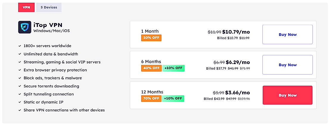Pricing screenshot