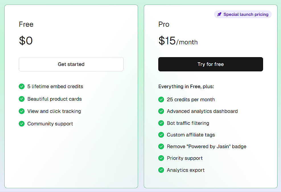 Pricing screenshot