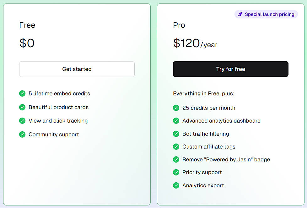 Pricing screenshot