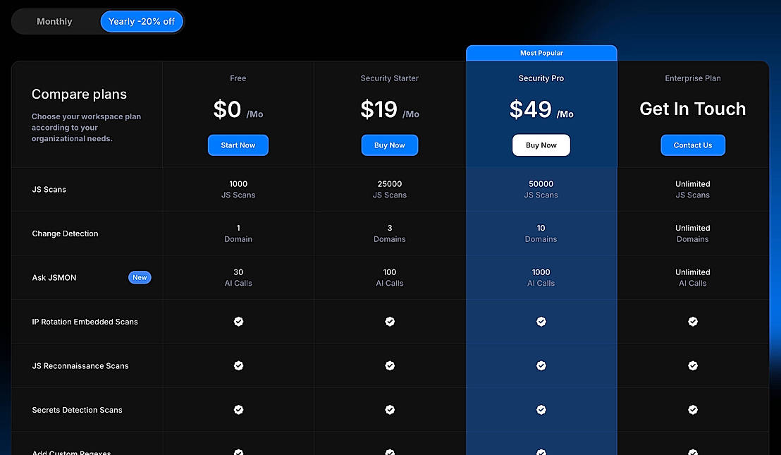 Pricing screenshot