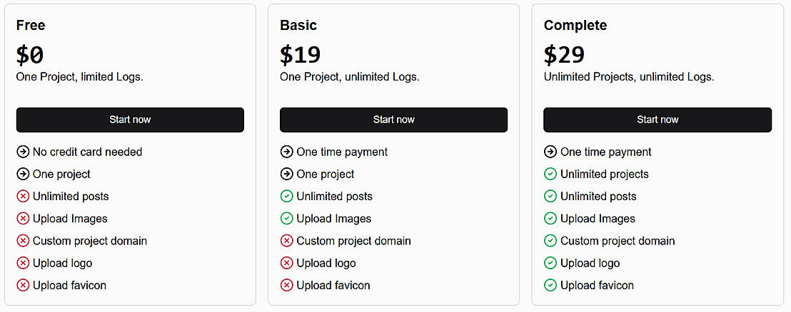 Pricing screenshot
